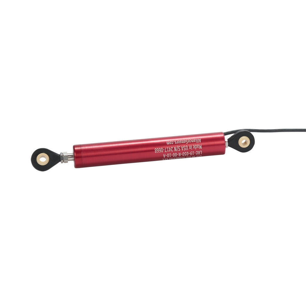 Alliance Sensors inductive linear position sensor, pivoting slide, 50mm stroke, 0-10 VDC output, 19mm diameter x 120.4mm body, rod eyes mount, pigtail, 3.2ft/1m cable length.-LRE19-050R-00-10A