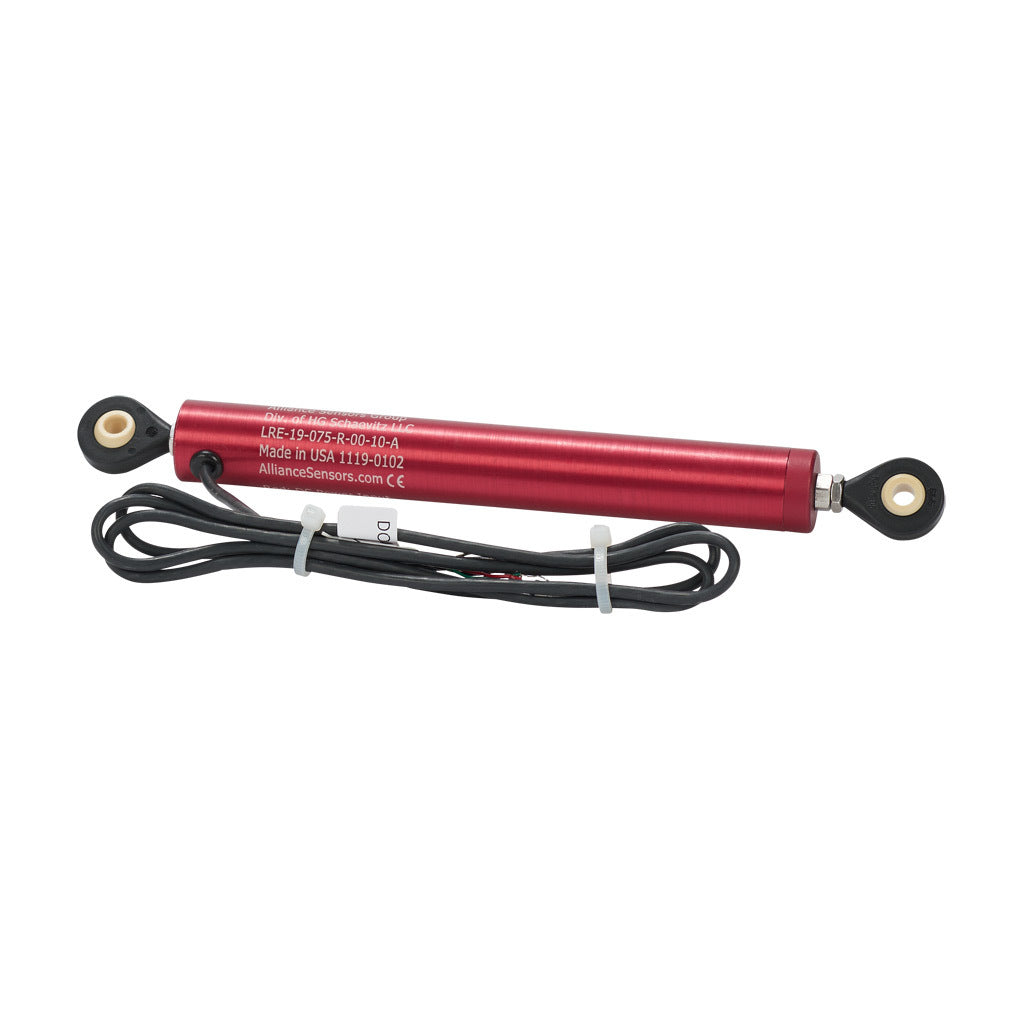 Alliance Sensors inductive linear position sensor, pivoting slide, 75mm stroke, 0-10 VDC output, 19mm diameter x 145.8mm body, rod eyes mount, pigtail, 3.2ft/1m cable length.-LRE19-075R-00-10A