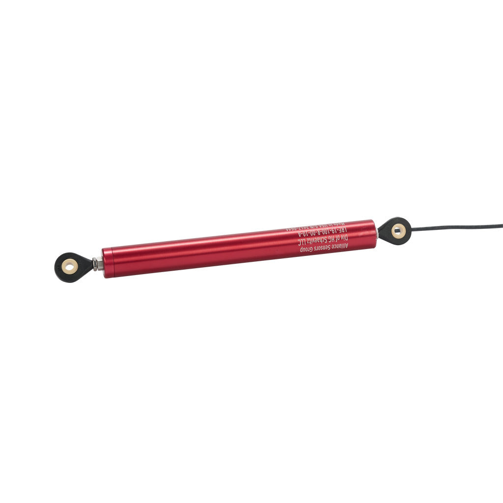 Alliance Sensors inductive linear position sensor, pivoting slide, 100mm stroke, 0-10 VDC output, 19mm diameter x 171.2mm body, rod eyes mount, pigtail, 3.2ft/1m cable length.-LRE19-100R-00-10A