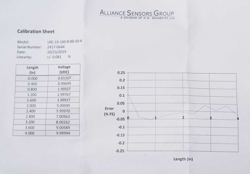 Alliance Sensors inductive linear position sensor, pivoting slide, 100mm stroke, 0-10 VDC output, 19mm diameter x 171.2mm body, rod eyes mount, pigtail, 3.2ft/1m cable length.-LRE19-100R-00-10A