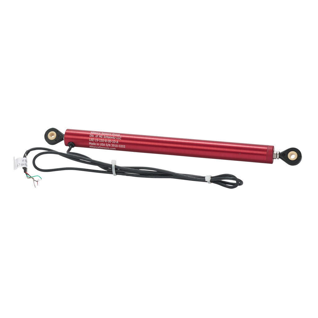 Alliance Sensors inductive linear position sensor, pivoting slide, 150mm stroke, 0-10 VDC output, 19mm diameter x 222.0mm body, rod eyes mount, pigtail, 3.2ft/1m cable length.-LRE19-150R-00-10A