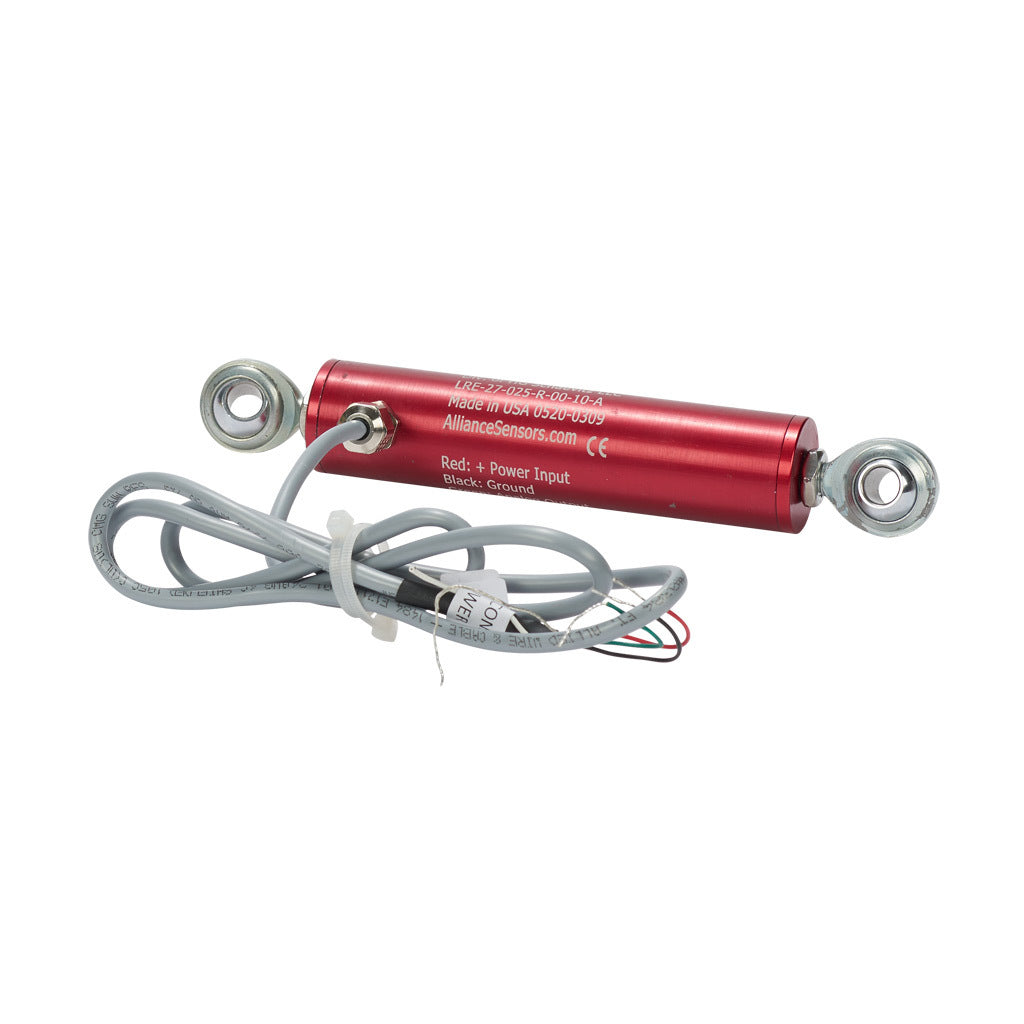 Alliance Sensors inductive linear position sensor, pivoting slide, 25mm stroke, 0-10 VDC output, 27mm diameter x 114.3mm body, rod eyes mount, pigtail, 3.2ft/1m cable length.-LRE27-025R-00-10A