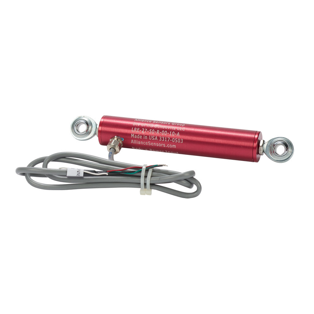 Alliance Sensors inductive linear position sensor, pivoting slide, 50mm stroke, 0-10 VDC output, 27mm diameter x 127.0mm body, rod eyes mount, pigtail, 3.2ft/1m cable length.-LRE27-050R-00-10A