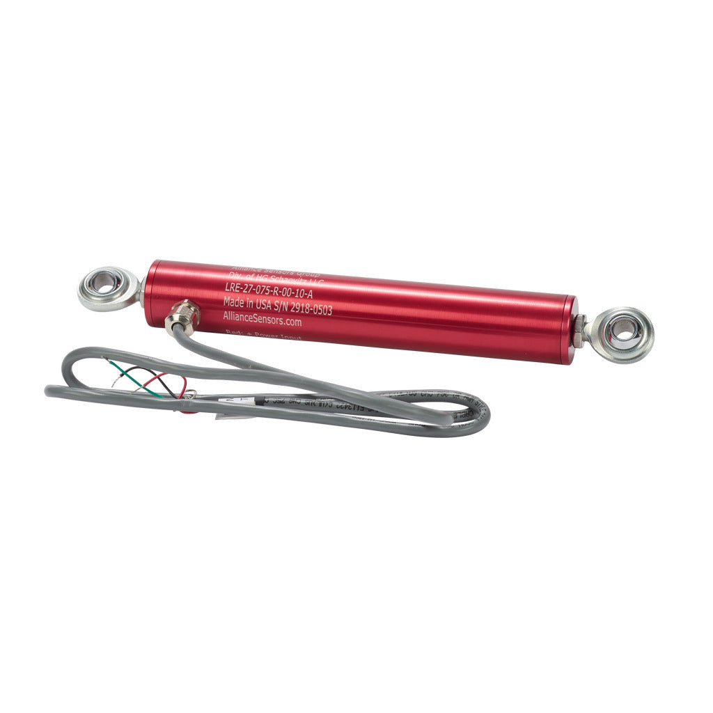 Alliance Sensors inductive linear position sensor, pivoting slide, 75mm stroke, 0-10 VDC output, 27mm diameter x 152.4mm body, rod eyes mount, pigtail, 3.2ft/1m cable length.-LRE27-075R-00-10A