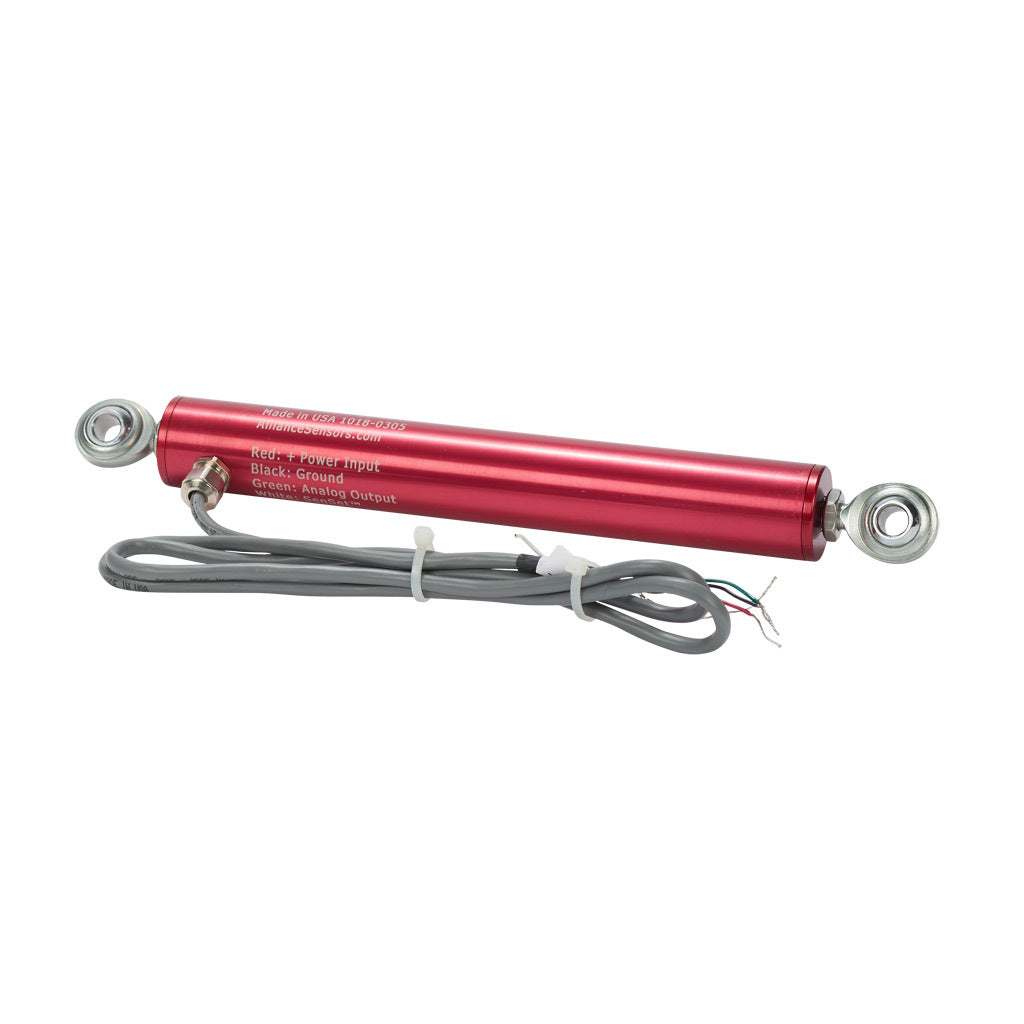 Alliance Sensors inductive linear position sensor, pivoting slide, 100mm stroke, 0-10 VDC output, 27mm diameter x 177.8mm body, rod eyes mount, pigtail, 3.2ft/1m cable length.-LRE27-100R-00-10A