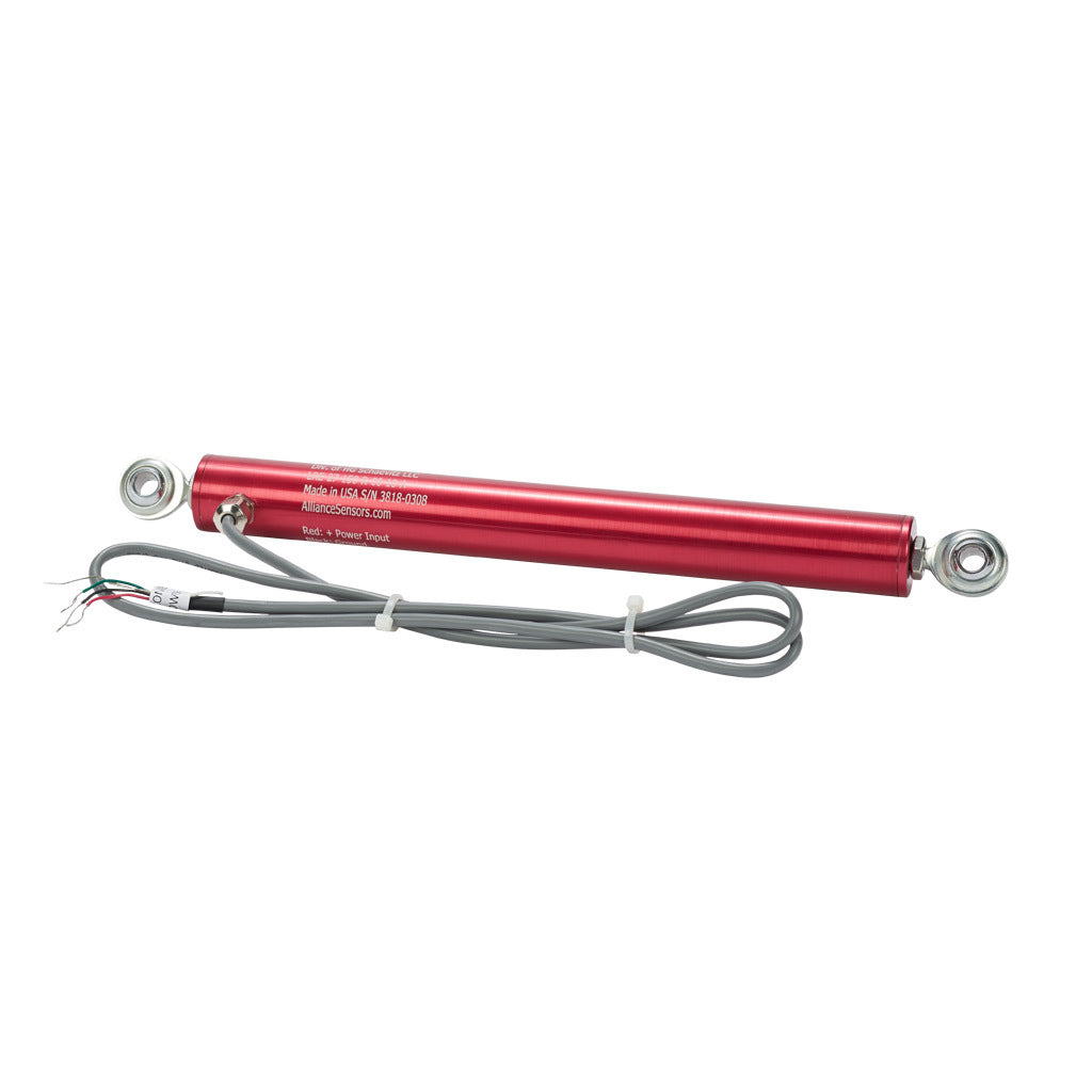 Alliance Sensors inductive linear position sensor, pivoting slide, 150mm stroke, 0-10 VDC output, 27mm diameter x 228.6mm body, rod eyes mount, pigtail, 3.2ft/1m cable length.-LRE27-150R-00-10A
