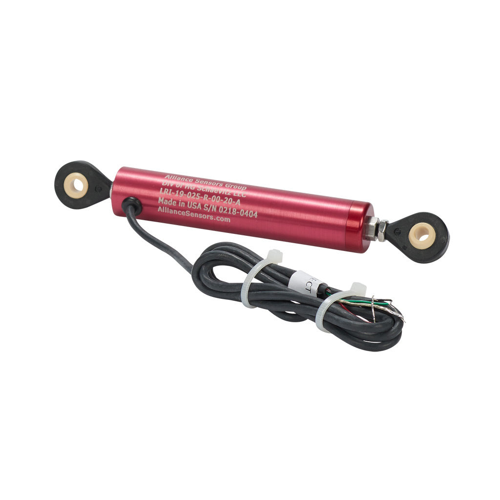 Alliance Sensors inductive linear position sensor, pivoting slide, 25mm stroke, 4-20 mA output, 19mm diameter x 90.5mm body, rod eyes mount, pigtail, 3.2ft/1m cable length.-LRI19-025R-00-20A