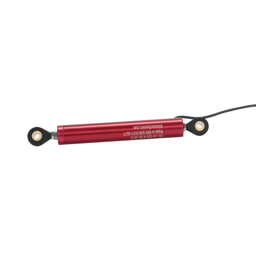 Alliance Sensors inductive linear position sensor, pivoting slide, 50mm stroke, 4-20 mA output, 19mm diameter x 120.4mm body, rod eyes mount, pigtail, 3.2ft/1m cable length.-LRI19-050R-00-20A