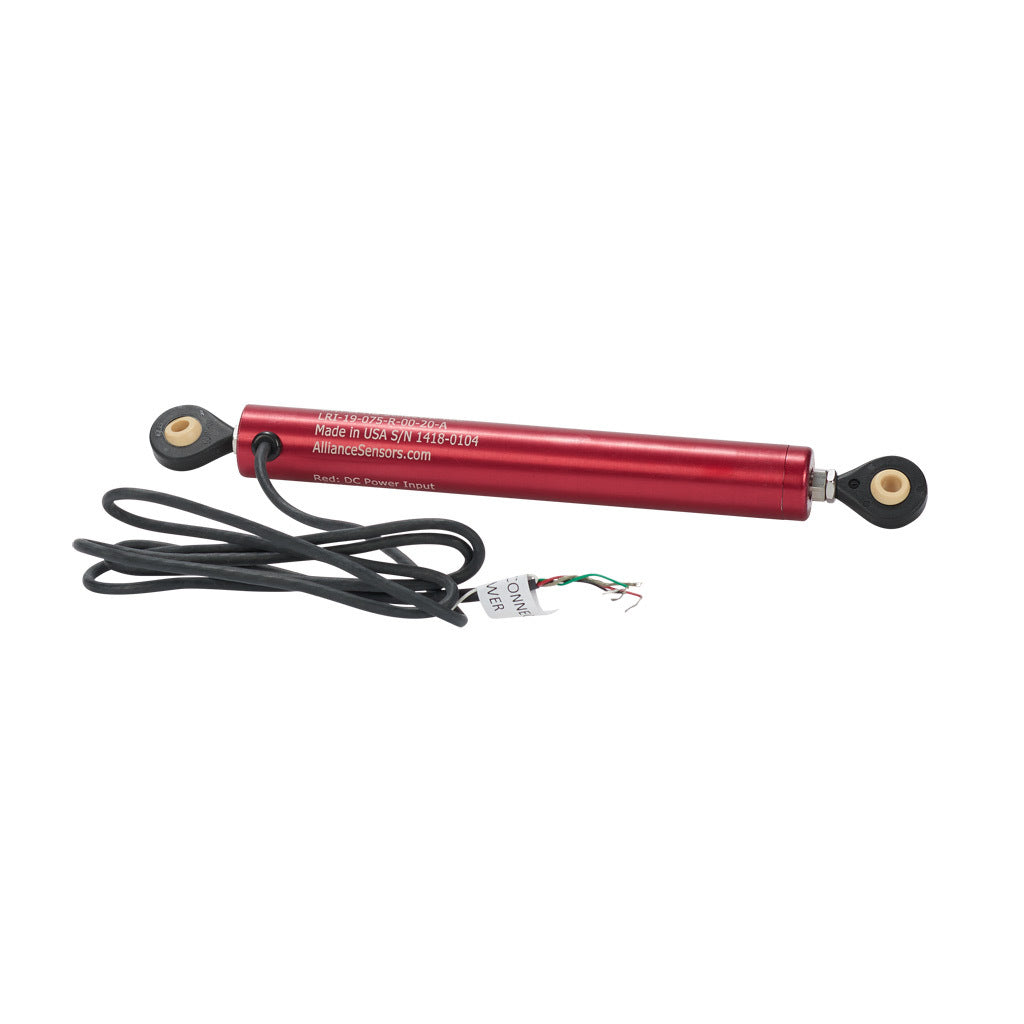 Alliance Sensors inductive linear position sensor, pivoting slide, 75mm stroke, 4-20 mA output, 19mm diameter x 145.8mm body, rod eyes mount, pigtail, 3.2ft/1m cable length.-LRI19-075R-00-20A