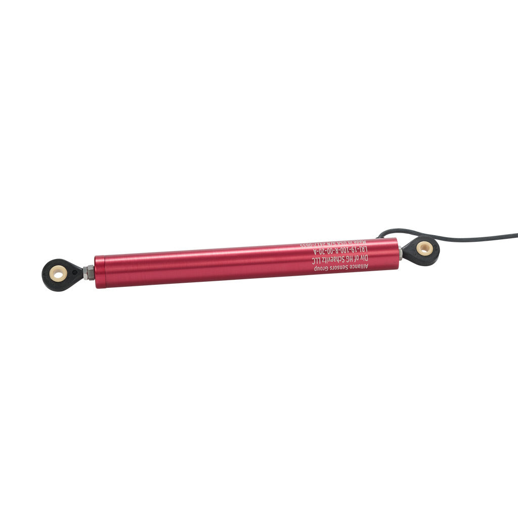 Alliance Sensors inductive linear position sensor, pivoting slide, 100mm stroke, 4-20 mA output, 19mm diameter x 171.2mm body, rod eyes mount, pigtail, 3.2ft/1m cable length.-LRI19-100R-00-20A