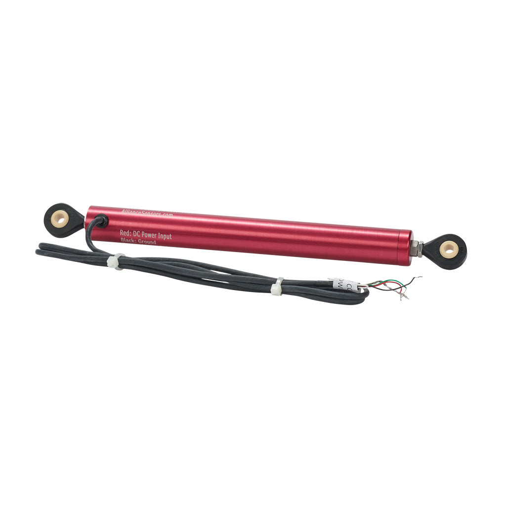 Alliance Sensors inductive linear position sensor, pivoting slide, 100mm stroke, 4-20 mA output, 19mm diameter x 171.2mm body, rod eyes mount, pigtail, 3.2ft/1m cable length.-LRI19-100R-00-20A