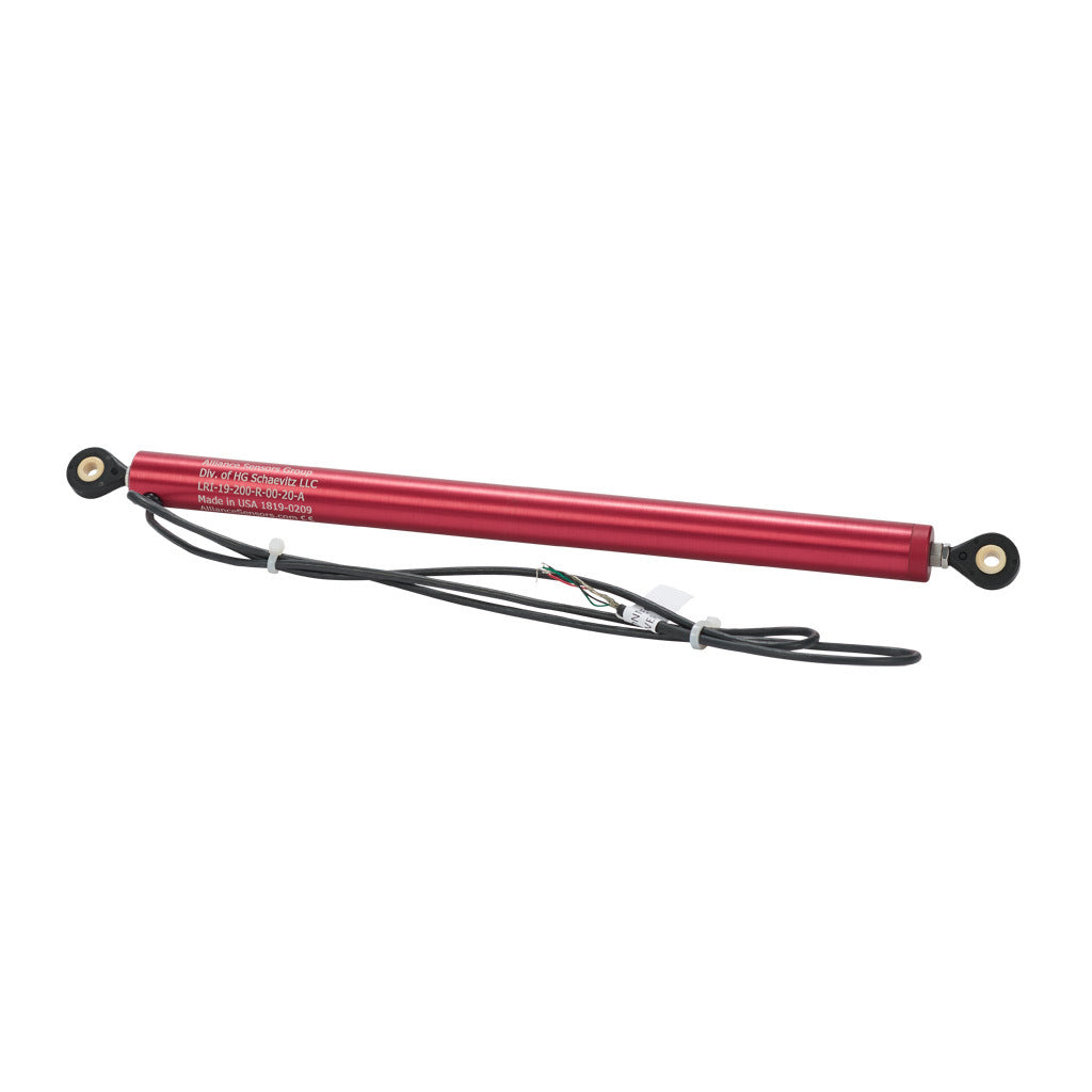 Alliance Sensors inductive linear position sensor, pivoting slide, 200mm stroke, 4-20 mA output, 19mm diameter x 272.8mm body, rod eyes mount, pigtail, 3.2ft/1m cable length.-LRI19-200R-00-20A