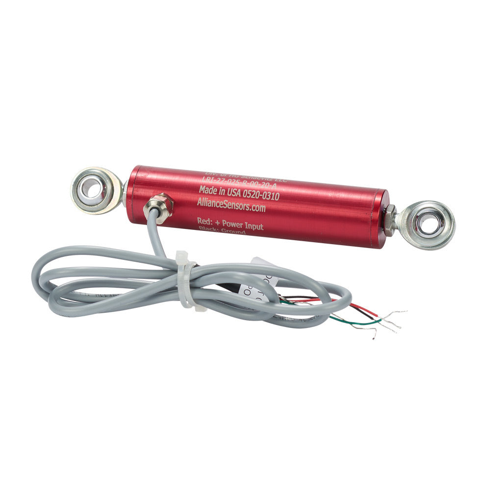 Alliance Sensors inductive linear position sensor, pivoting slide, 25mm stroke, 4-20 mA output, 27mm diameter x 114.3mm body, rod eyes mount, pigtail, 3.2ft/1m cable length.-LRI27-025R-00-20A