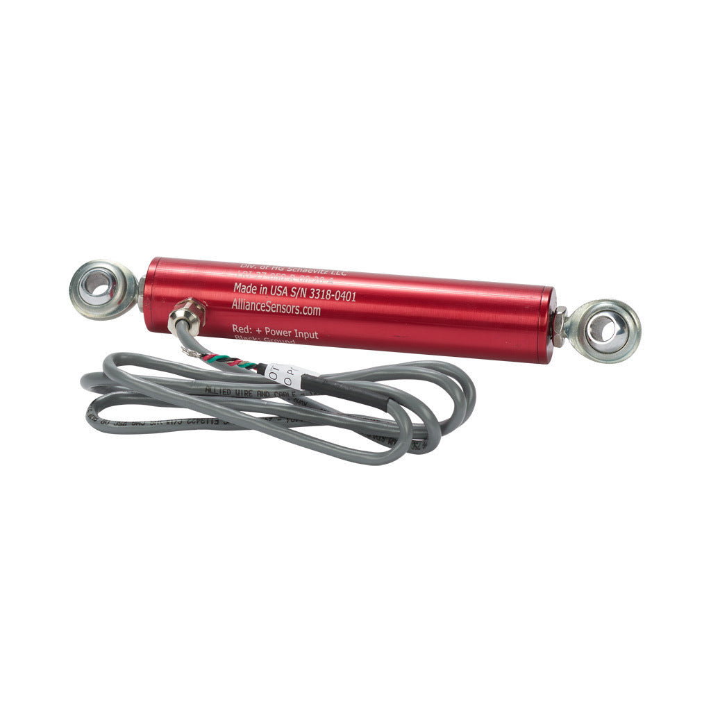 Alliance Sensors inductive linear position sensor, pivoting slide, 50mm stroke, 4-20 mA output, 27mm diameter x 127.0mm body, rod eyes mount, pigtail, 3.2ft/1m cable length.-LRI27-050R-00-20A
