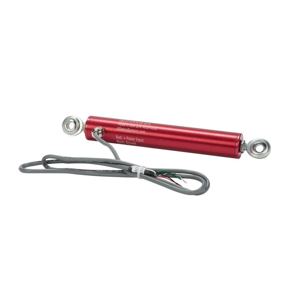Alliance Sensors inductive linear position sensor, pivoting slide, 75mm stroke, 4-20 mA output, 27mm diameter x 152.4mm body, rod eyes mount, pigtail, 3.2ft/1m cable length.-LRI27-075R-00-20A