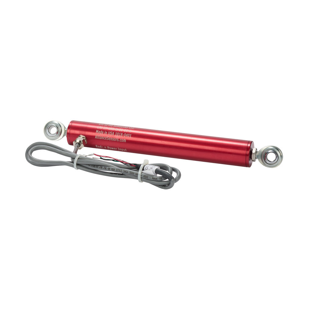 Alliance Sensors inductive linear position sensor, pivoting slide, 100mm stroke, 4-20 mA output, 27mm diameter x 177.8mm body, rod eyes mount, pigtail, 3.2ft/1m cable length.-LRI27-100R-00-20A