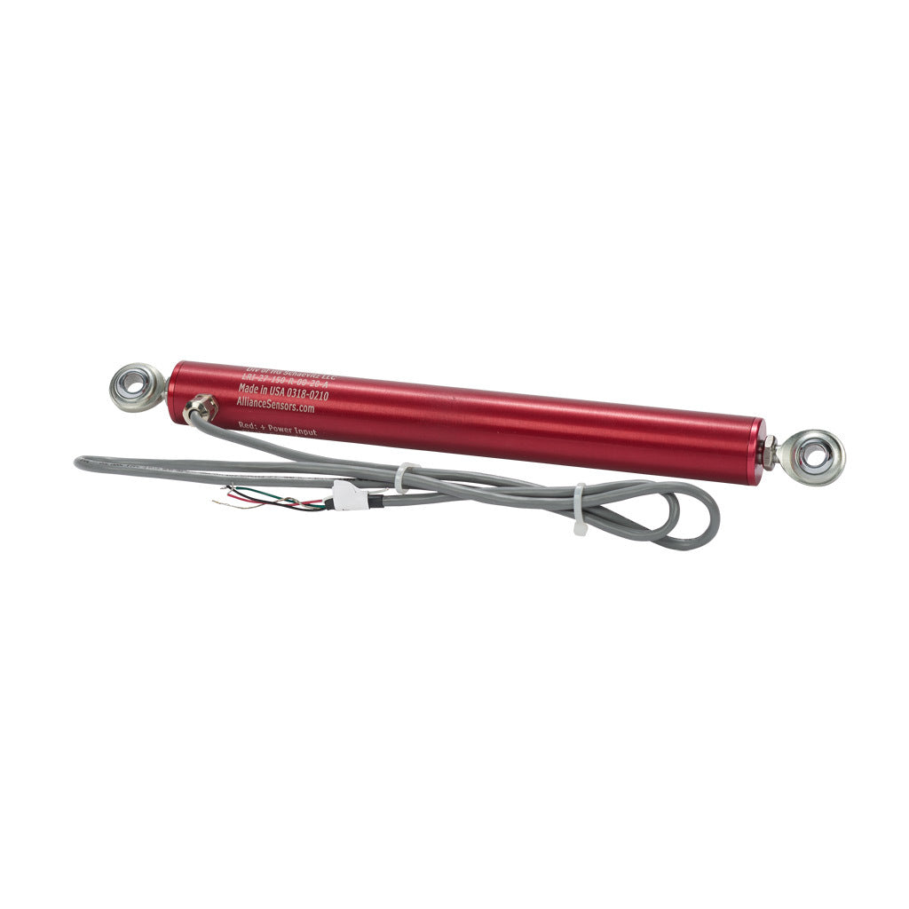 Alliance Sensors inductive linear position sensor, pivoting slide, 150mm stroke, 4-20 mA output, 27mm diameter x 228.6mm body, rod eyes mount, pigtail, 3.2ft/1m cable length.-LRI27-150R-00-20A