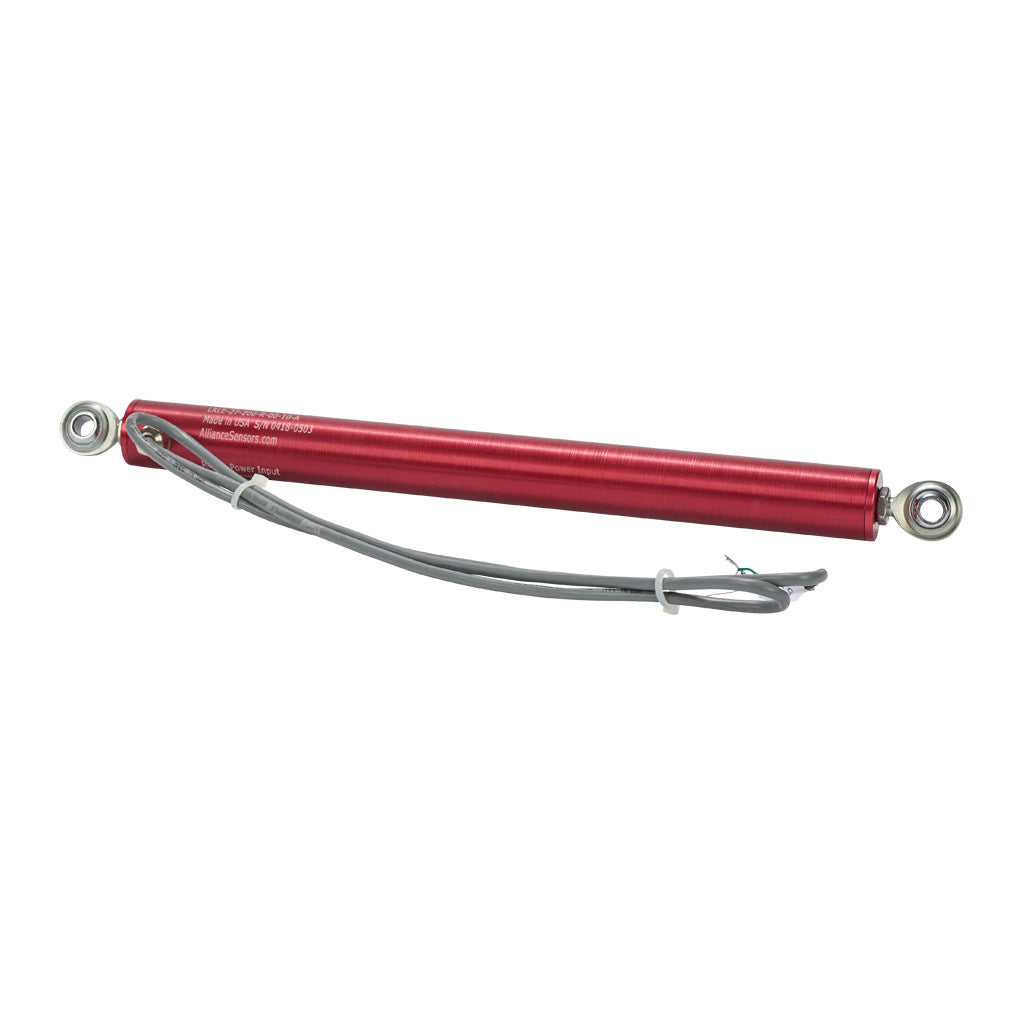 Alliance Sensors inductive linear position sensor, pivoting slide, 200mm stroke, 0-10 VDC output, 27mm diameter x 292.1mm body, rod eyes mount, pigtail, 3.2ft/1m cable length.-LRLE27-200R-00-10A