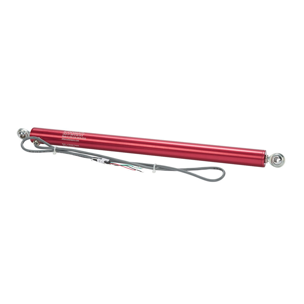 Alliance Sensors inductive linear position sensor, pivoting slide, 300mm stroke, 0-10 VDC output, 27mm diameter x 393.7mm body, rod eyes mount, pigtail, 3.2ft/1m cable length.-LRLE27-300R-00-10A