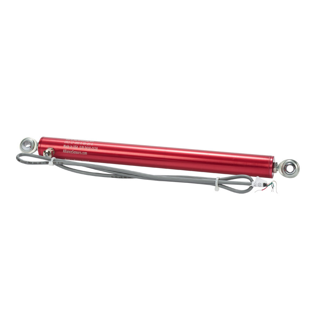 Alliance Sensors inductive linear position sensor, pivoting slide, 200mm stroke, 4-20 mA output, 27mm diameter x 292.1mm body, rod eyes mount, pigtail, 3.2ft/1m cable length.-LRLI27-200R-00-20A