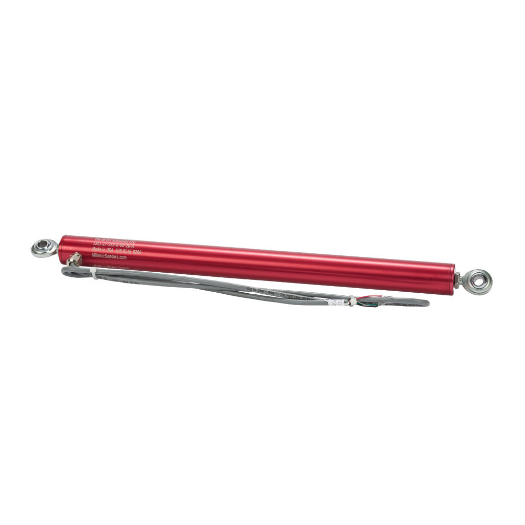 Alliance Sensors inductive linear position sensor, pivoting slide, 250mm stroke, 4-20 mA output, 27mm diameter x 342.0mm body, rod eyes mount, pigtail, 3.2ft/1m cable length.-LRLI27-250R-00-20A