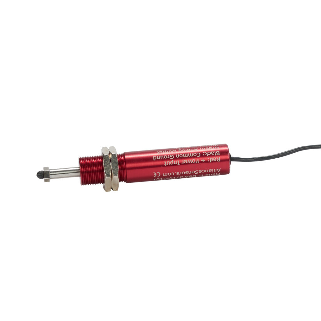 Alliance Sensors inductive linear position sensor, spring loaded slide, 12.5mm stroke, 0-10 VDC output, 19mm diameter x 88.9mm body, M18 x 1 mount, pigtail, 3.2ft/1m cable length.-LRSE18-013A-00-10A