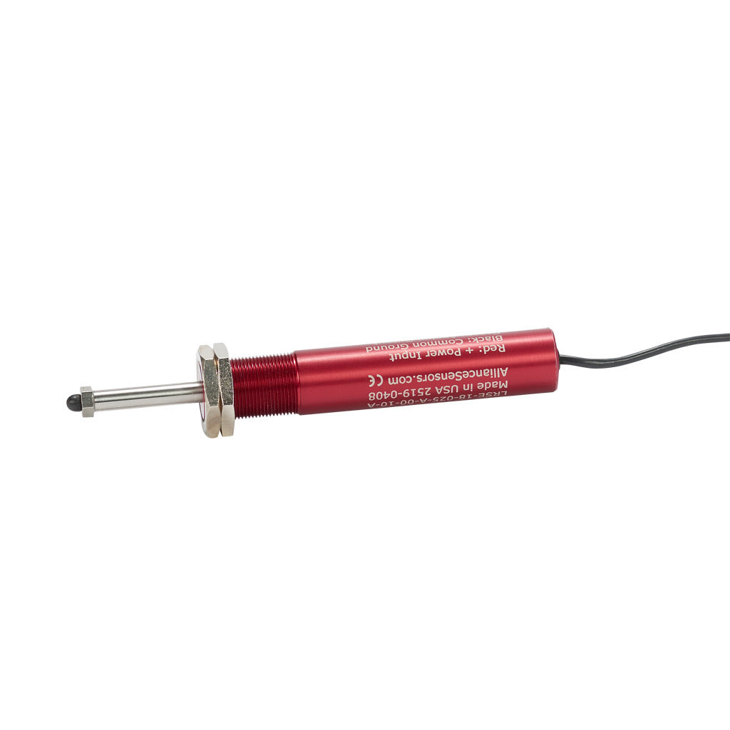 Alliance Sensors inductive linear position sensor, spring loaded slide, 25mm stroke, 0-10 VDC output, 19mm diameter x 101.6mm body, M18 x 1 mount, pigtail, 3.2ft/1m cable length.-LRSE18-025A-00-10A