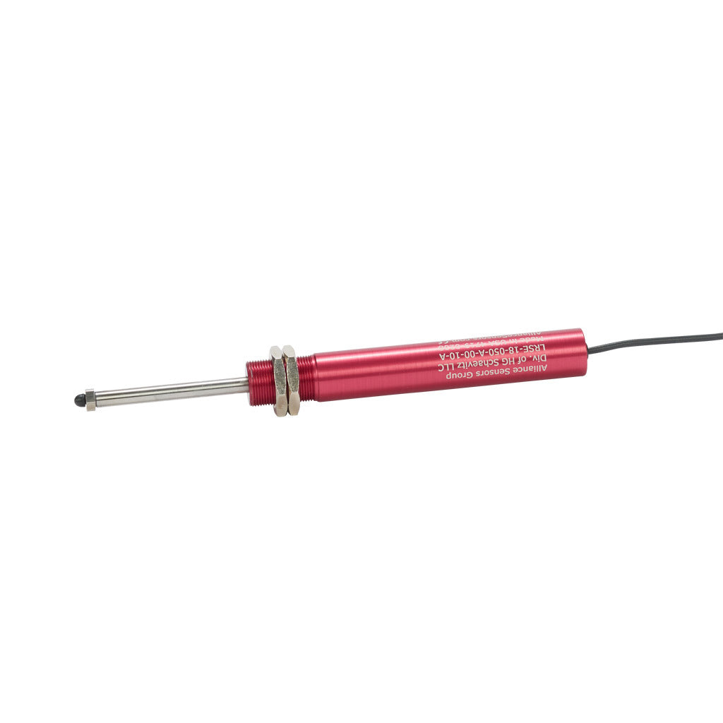 Alliance Sensors inductive linear position sensor, spring loaded slide, 50mm stroke, 0-10 VDC output, 19mm diameter x 129.0mm body, M18 x 1 mount, pigtail, 3.2ft/1m cable length.-LRSE18-050A-00-10A