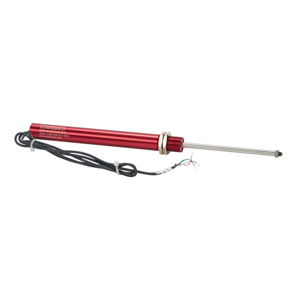 Alliance Sensors inductive linear position sensor, spring loaded slide, 100mm stroke, 0-10 VDC output, 19mm diameter x 194.1mm body, M18 x 1 mount, pigtail, 3.2ft/1m cable length.-LRSE18-100A-00-10A