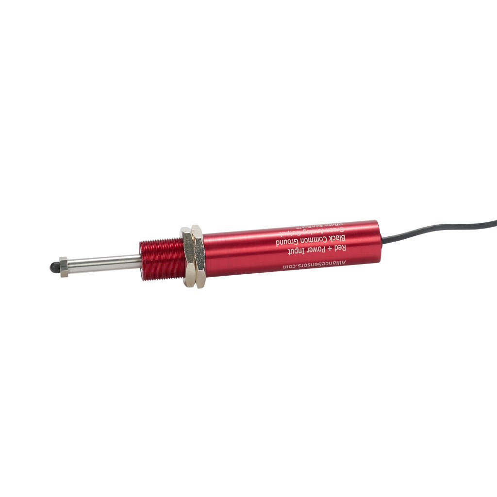 Alliance Sensors inductive linear position sensor, spring loaded slide, 25mm stroke, 4-20 mA output, 19mm diameter x 101.6mm body, M18 x 1 mount, pigtail, 3.2ft/1m cable length.-LRSI18-025A-00-20A