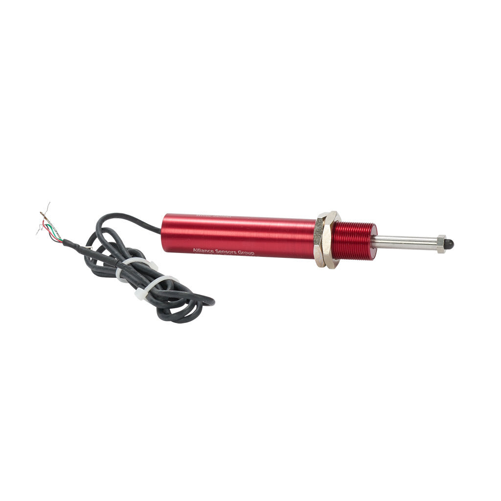 Alliance Sensors inductive linear position sensor, spring loaded slide, 25mm stroke, 4-20 mA output, 19mm diameter x 101.6mm body, M18 x 1 mount, pigtail, 3.2ft/1m cable length.-LRSI18-025A-00-20A