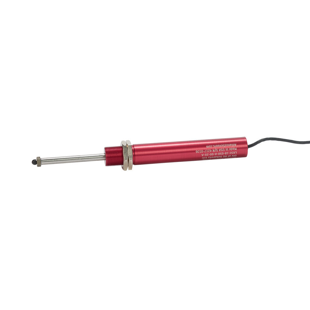 Alliance Sensors inductive linear position sensor, spring loaded slide, 50mm stroke, 4-20 mA output, 19mm diameter x 129.0mm body, M18 x 1 mount, pigtail, 3.2ft/1m cable length.-LRSI18-050A-00-20A