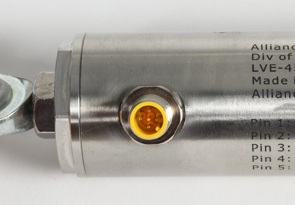 Alliance Sensors inductive linear position sensor, pivoting slide, 100mm stroke, 12.5mm shaft diameter, 0-10 VDC output, 45mm diameter x 250.9mm body, rod eyes mount, 5-pin M12 quick-disconnect.-LVE45-100R-01-10S