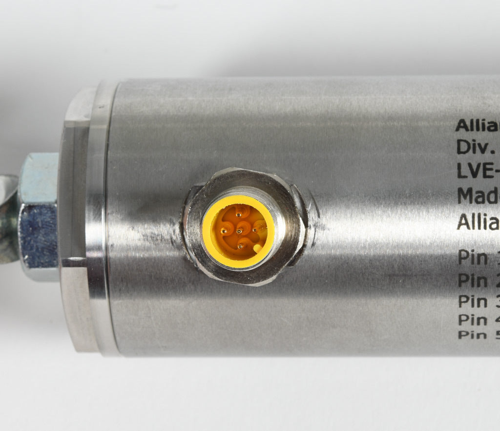 Alliance Sensors inductive linear position sensor, pivoting slide, 150mm stroke, 12.5mm shaft diameter, 0-10 VDC output, 45mm diameter x 301.7mm body, rod eyes mount, 5-pin M12 quick-disconnect.-LVE45-150R-01-10S