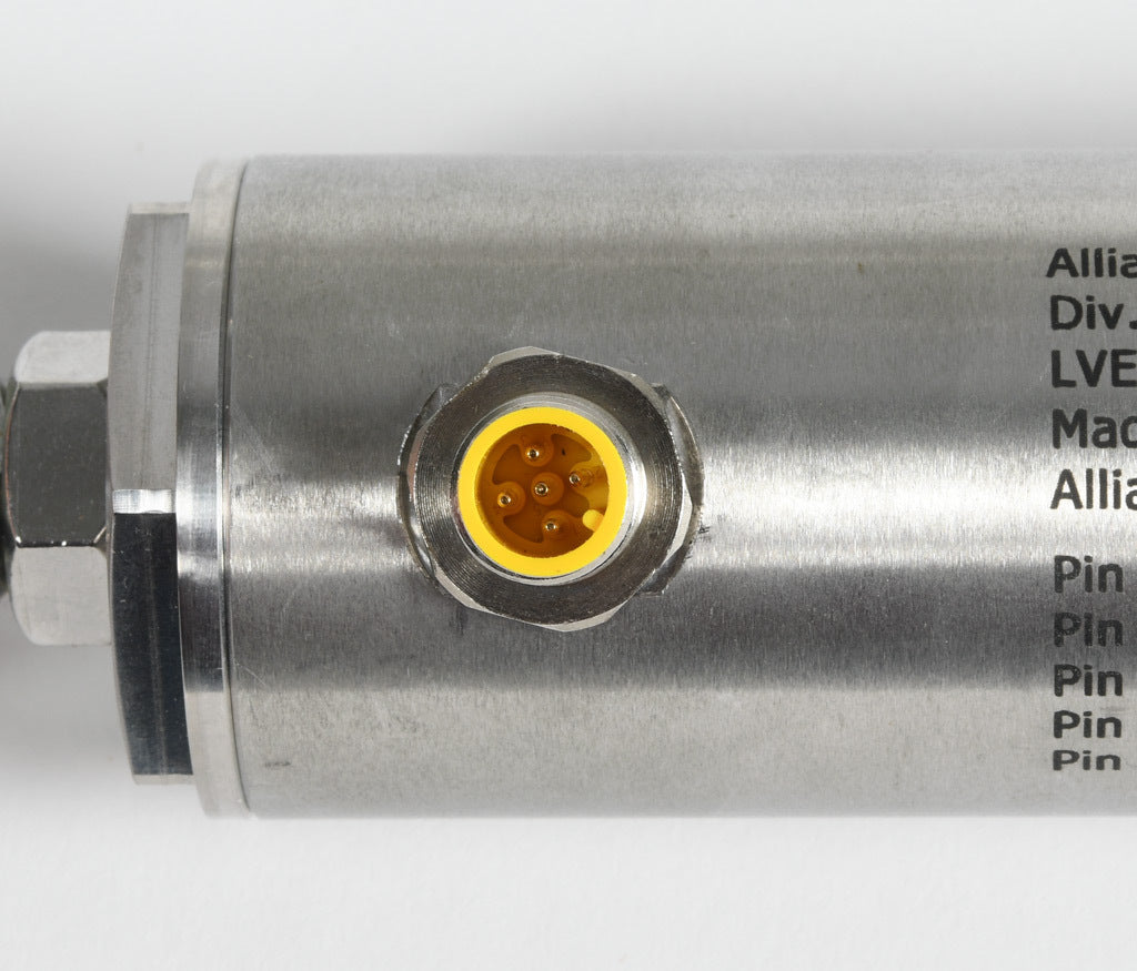 Alliance Sensors inductive linear position sensor, pivoting slide, 200mm stroke, 12.5mm shaft diameter, 0-10 VDC output, 45mm diameter x 352.5mm body, rod eyes mount, 5-pin M12 quick-disconnect.-LVE45-200R-01-10S