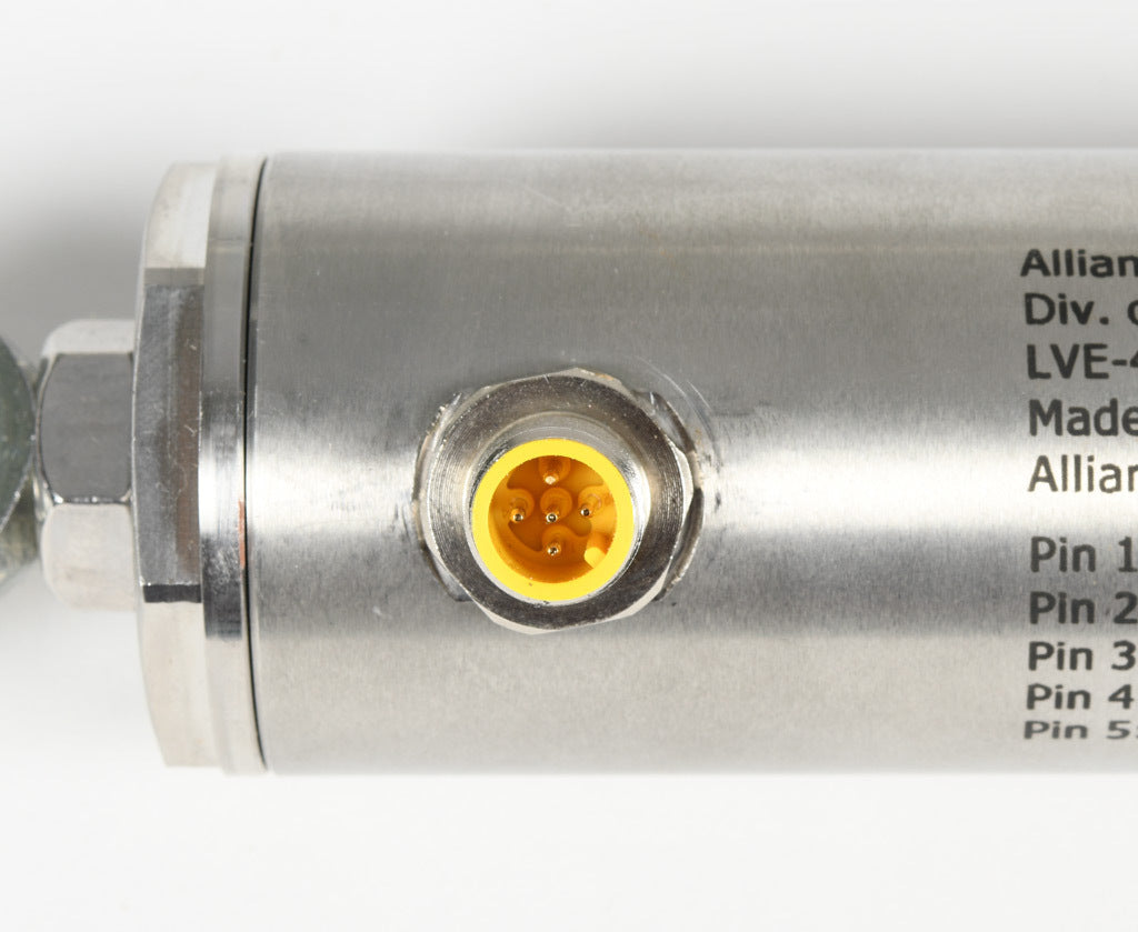 Alliance Sensors inductive linear position sensor, pivoting slide, 250mm stroke, 12.5mm shaft diameter, 0-10 VDC output, 45mm diameter x 403.3mm body, rod eyes mount, 5-pin M12 quick-disconnect.-LVE45-250R-01-10S