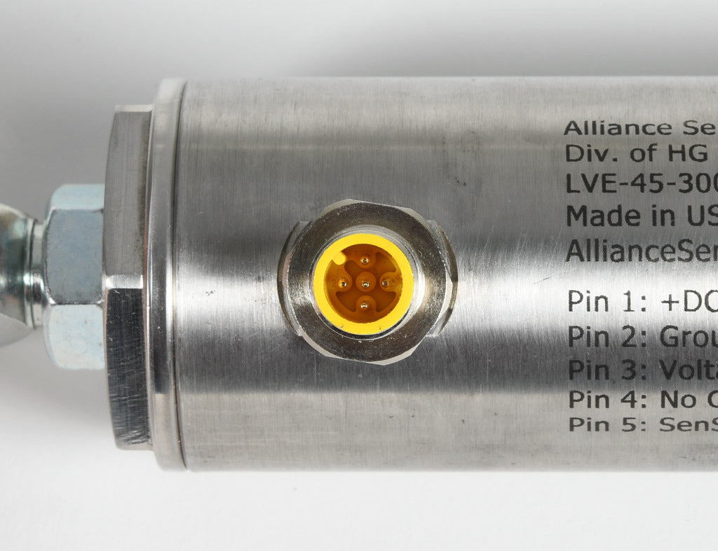 Alliance Sensors inductive linear position sensor, pivoting slide, 300mm stroke, 12.5mm shaft diameter, 0-10 VDC output, 45mm diameter x 454.1mm body, rod eyes mount, 5-pin M12 quick-disconnect.-LVE45-300R-01-10S