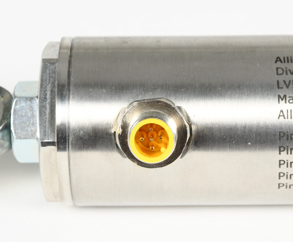 Alliance Sensors inductive linear position sensor, pivoting slide, 375mm stroke, 12.5mm shaft diameter, 0-10 VDC output, 45mm diameter x 530.4mm body, rod eyes mount, 5-pin M12 quick-disconnect.-LVE45-375R-01-10S