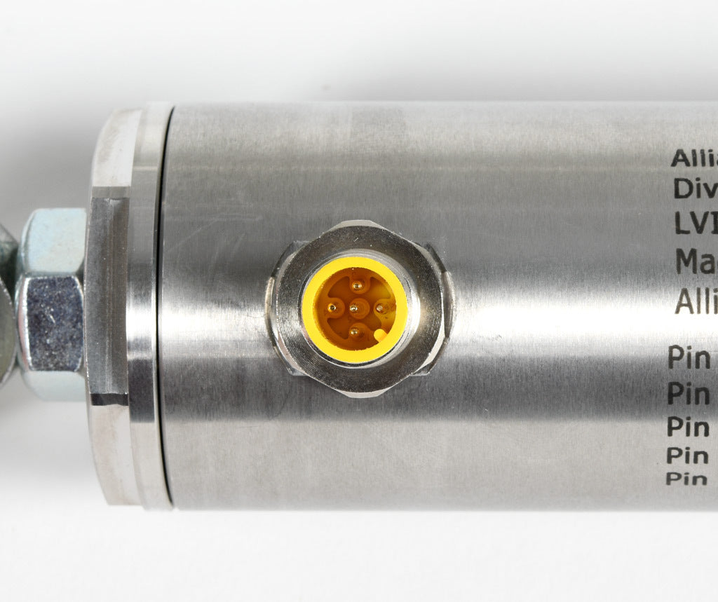 Alliance Sensors inductive linear position sensor, pivoting slide, 100mm stroke, 12.5mm shaft diameter, 4-20 mA output, 45mm diameter x 250.9mm body, rod eyes mount, 5-pin M12 quick-disconnect.-LVI45-100R-01-20S