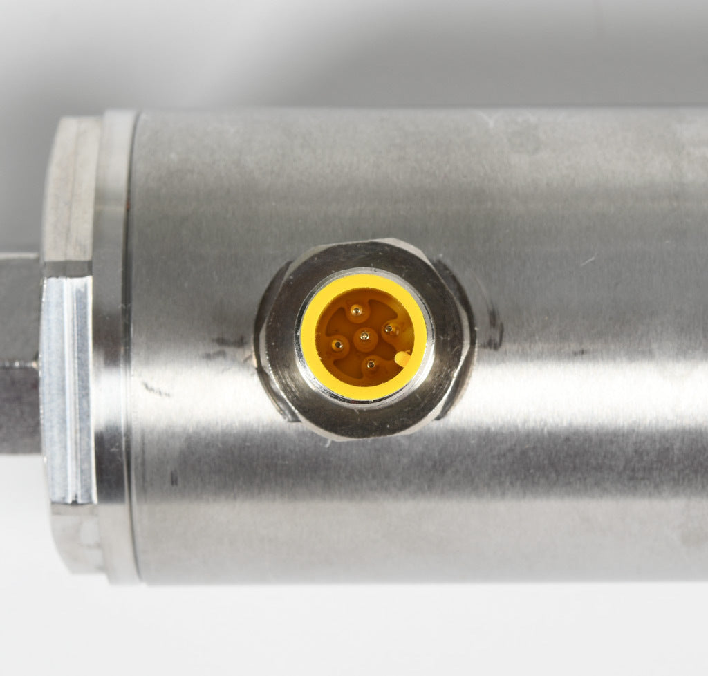 Alliance Sensors inductive linear position sensor, pivoting slide, 250mm stroke, 12.5mm shaft diameter, 4-20 mA output, 45mm diameter x 403.3mm body, rod eyes mount, 5-pin M12 quick-disconnect.-LVI45-250R-01-20S