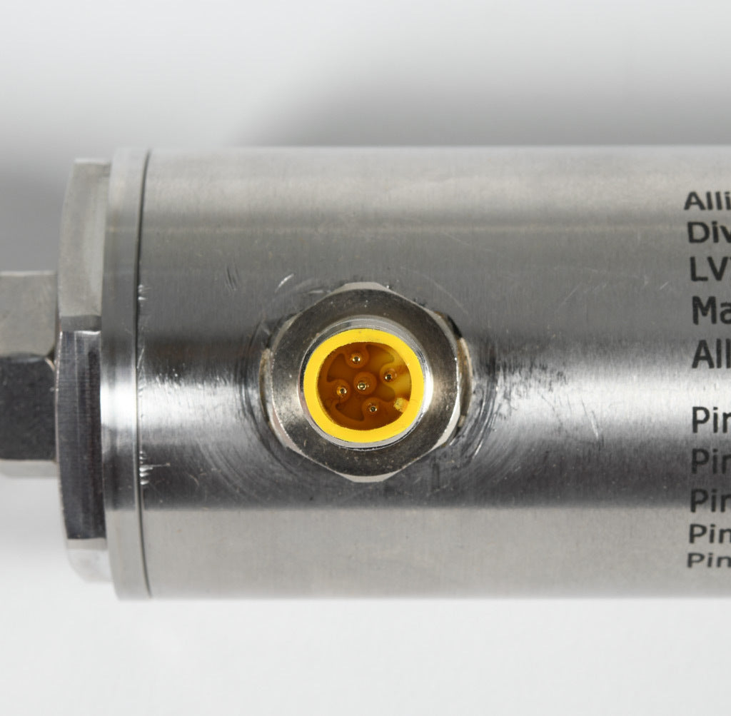 Alliance Sensors inductive linear position sensor, pivoting slide, 300mm stroke, 12.5mm shaft diameter, 4-20 mA output, 45mm diameter x 454.1mm body, rod eyes mount, 5-pin M12 quick-disconnect.-LVI45-300R-01-20S