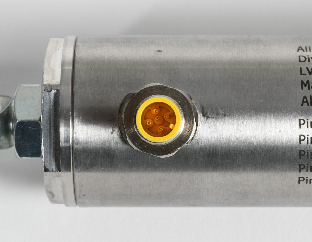 Alliance Sensors inductive linear position sensor, pivoting slide, 375mm stroke, 12.5mm shaft diameter, 4-20 mA output, 45mm diameter x 530.4mm body, rod eyes mount, 5-pin M12 quick-disconnect.-LVI45-375R-01-20S
