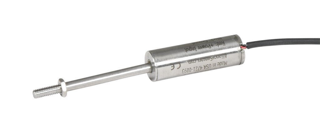 Alliance Sensors inductive linear position sensor, fixed slide, 25mm stroke, 4mm shaft diameter, 0-10 VDC output, 12.7mm diameter x 35.8mm body, M4 x 0.7 mount, pigtail, 3.2ft/1m cable length.-LZE13-025A-00-10S