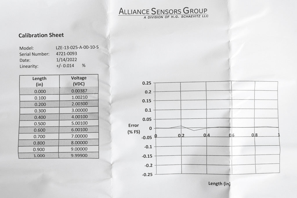 Alliance Sensors inductive linear position sensor, fixed slide, 25mm stroke, 4mm shaft diameter, 0-10 VDC output, 12.7mm diameter x 35.8mm body, M4 x 0.7 mount, pigtail, 3.2ft/1m cable length.-LZE13-025A-00-10S