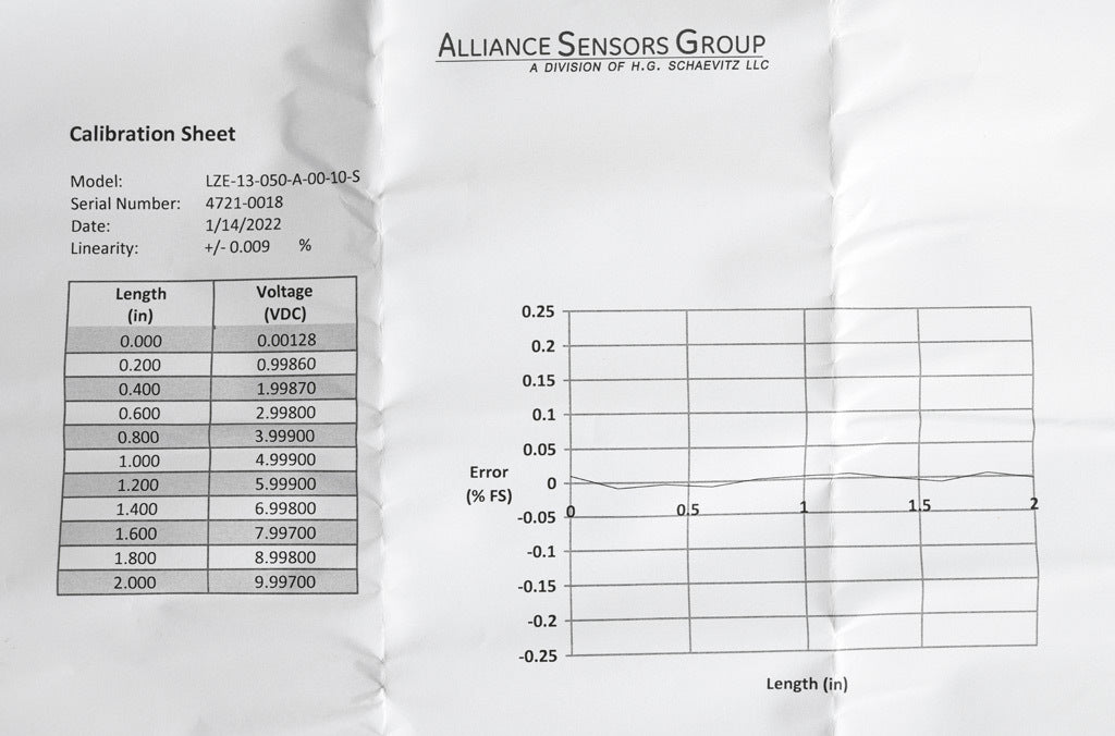 Alliance Sensors inductive linear position sensor, fixed slide, 50mm stroke, 4mm shaft diameter, 0-10 VDC output, 12.7mm diameter x 61.2mm body, M4 x 0.7 mount, pigtail, 3.2ft/1m cable length.-LZE13-050A-00-10S