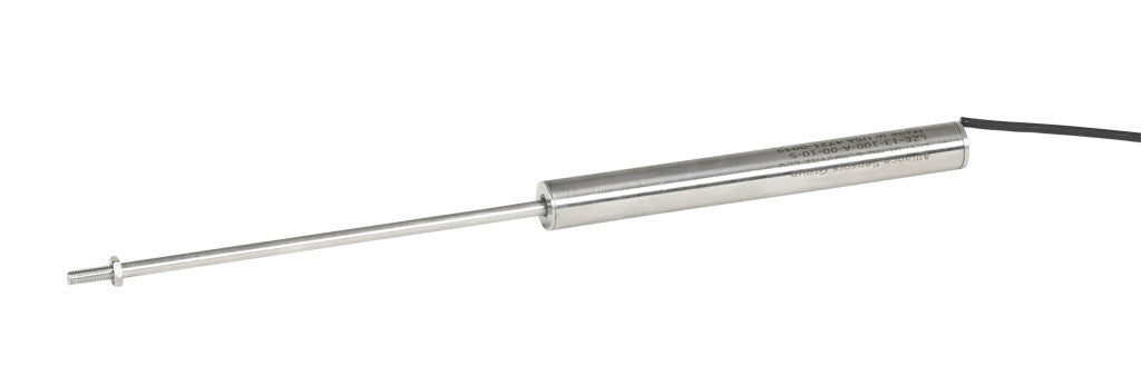Alliance Sensors inductive linear position sensor, fixed slide, 100mm stroke, 4mm shaft diameter, 0-10 VDC output, 12.7mm diameter x 112mm body, M4 x 0.7 mount, pigtail, 3.2ft/1m cable length.-LZE13-100A-00-10S
