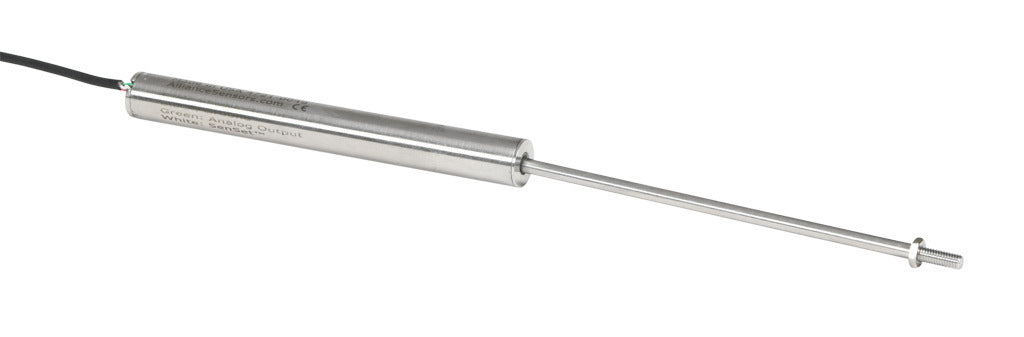 Alliance Sensors inductive linear position sensor, fixed slide, 100mm stroke, 4mm shaft diameter, 0-10 VDC output, 12.7mm diameter x 112mm body, M4 x 0.7 mount, pigtail, 3.2ft/1m cable length.-LZE13-100A-00-10S