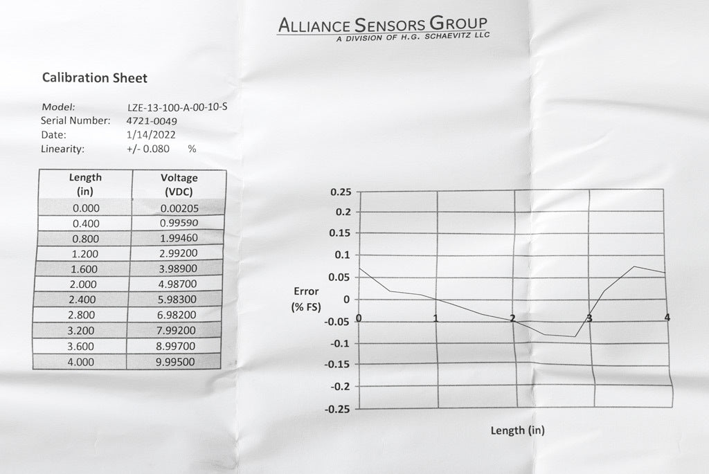 Alliance Sensors inductive linear position sensor, fixed slide, 100mm stroke, 4mm shaft diameter, 0-10 VDC output, 12.7mm diameter x 112mm body, M4 x 0.7 mount, pigtail, 3.2ft/1m cable length.-LZE13-100A-00-10S