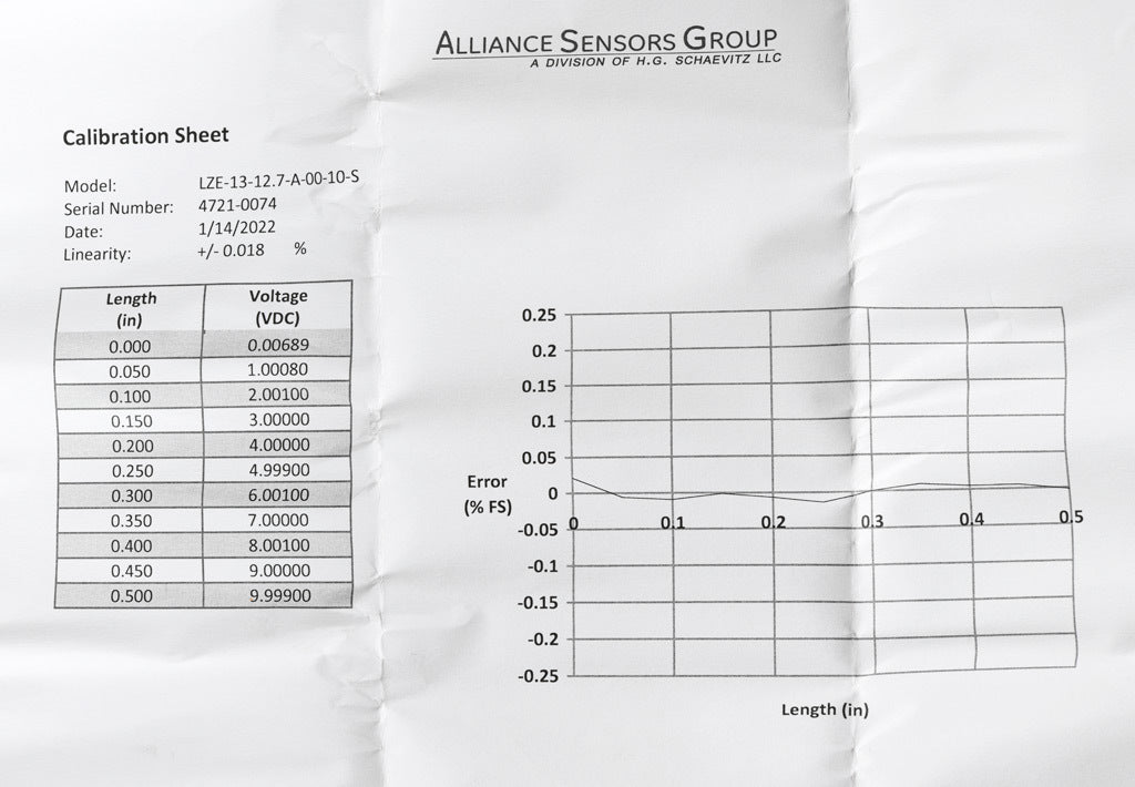 Alliance Sensors inductive linear position sensor, fixed slide, 12.7mm stroke, 4mm shaft diameter, 0-10 VDC output, 12.7mm diameter x 35.8mm body, M4 x 0.7 mount, pigtail, 3.2ft/1m cable length.-LZE13-12.7A-00-10S