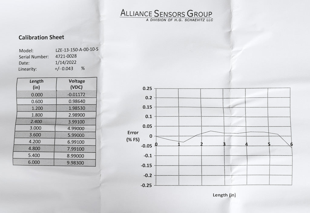 Alliance Sensors inductive linear position sensor, fixed slide, 150mm stroke, 4mm shaft diameter, 0-10 VDC output, 12.7mm diameter x 165.1mm body, M4 x 0.7 mount, pigtail, 3.2ft/1m cable length.-LZE13-150A-00-10S